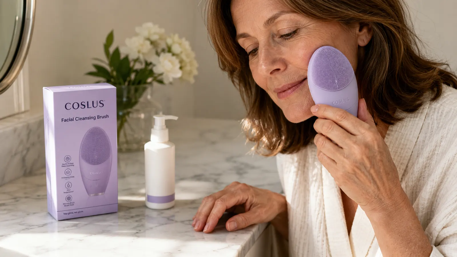 Close-up of the COSLUS 7-in-1 silicone cleansing brush head resting on a marble countertop beside a cleanser bottle