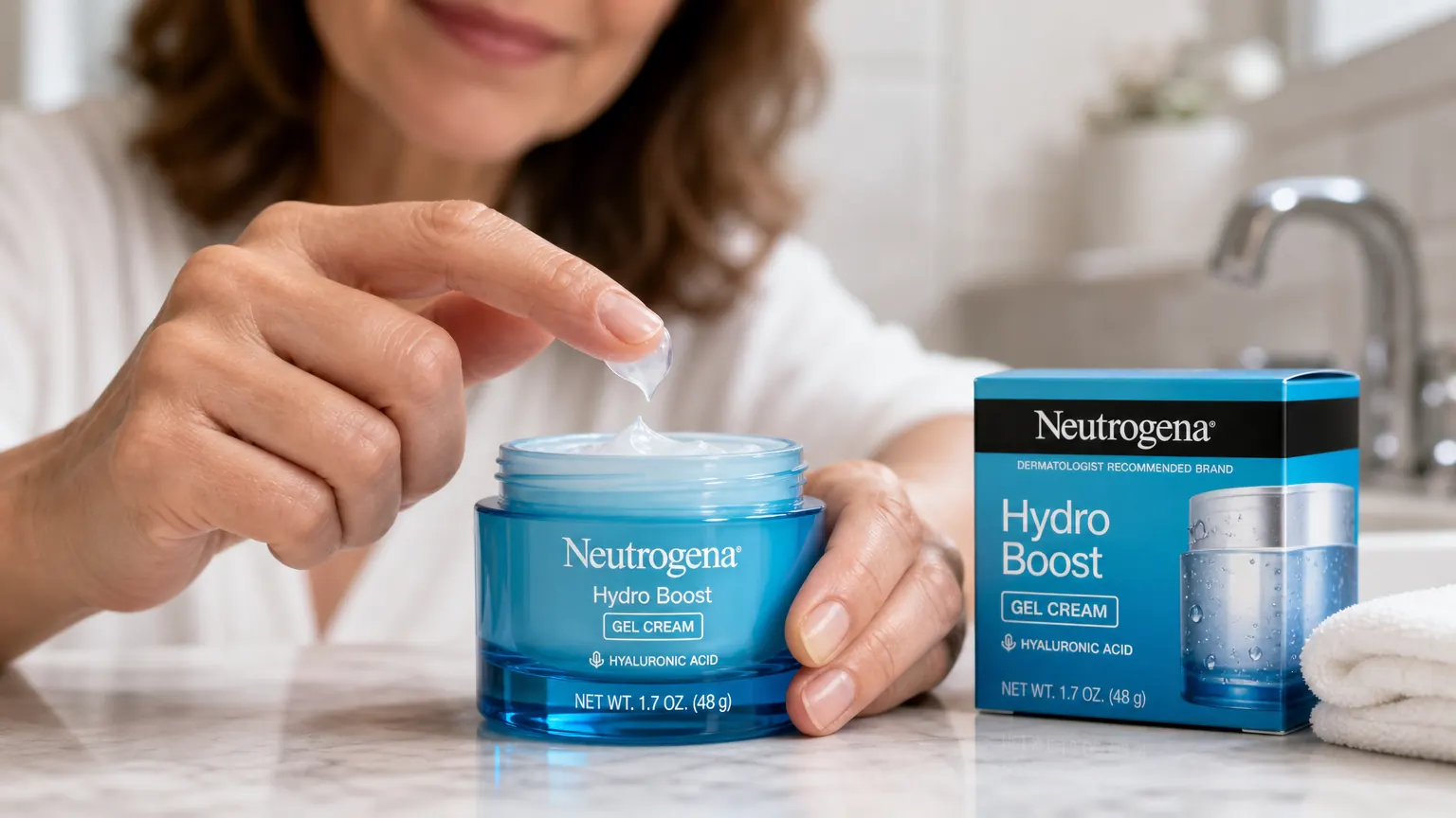 Hand pressing a small amount of clear gel cream from a teal Neutrogena Hydro Boost jar onto fingertip