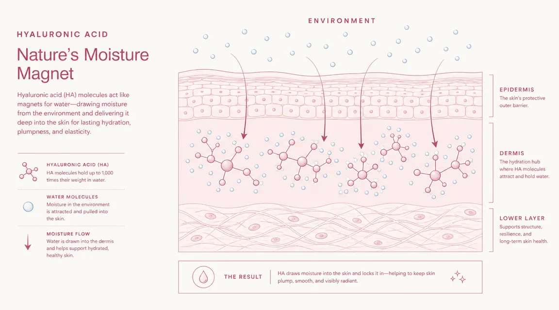 Simple diagram showing hyaluronic acid molecule attracting water droplets in skin layers