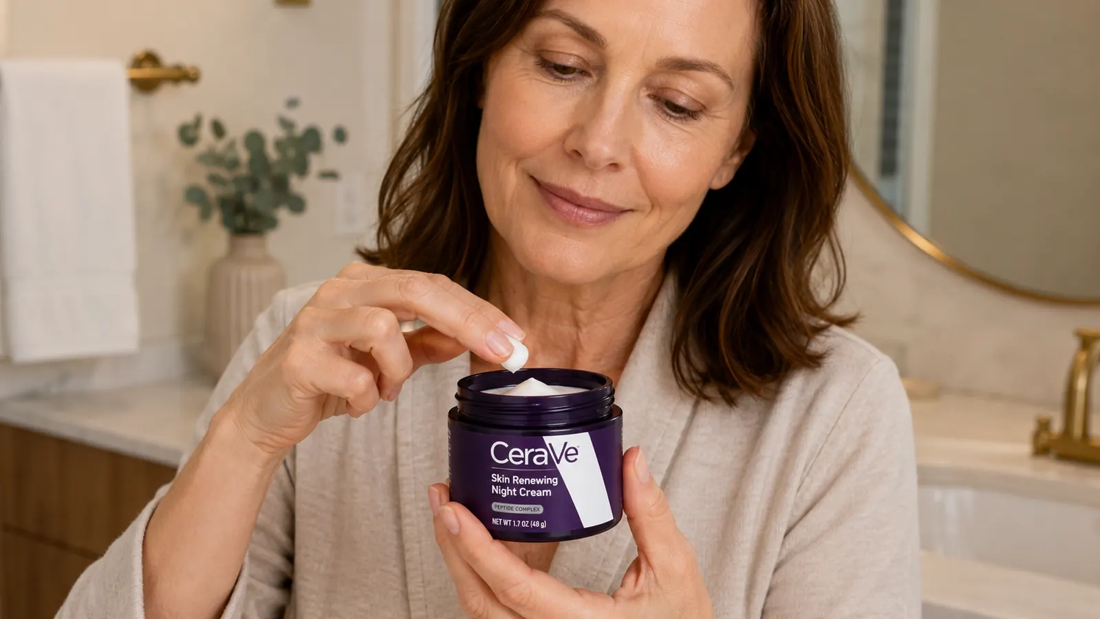 Close-up of a finger scooping a small amount of CeraVe Skin Renewing Night Cream from the jar