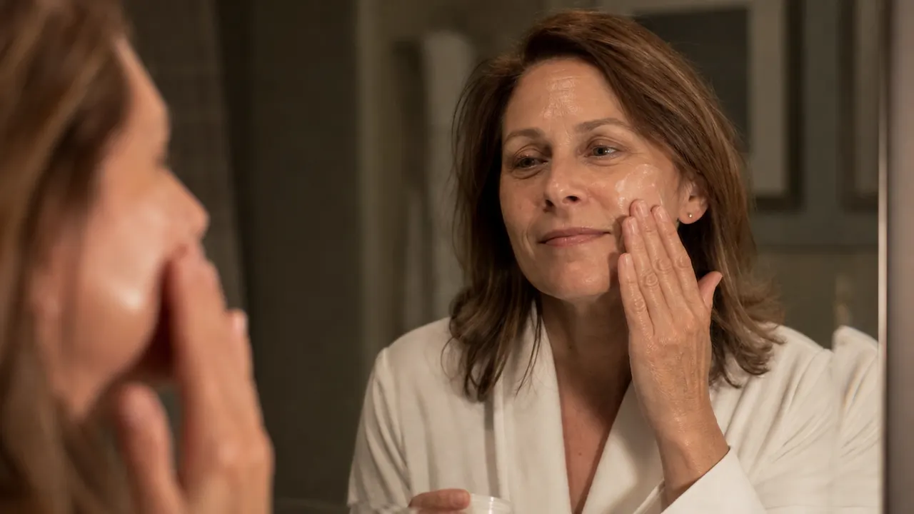 Woman applying night cream to her cheek in the bathroom mirror before bed
