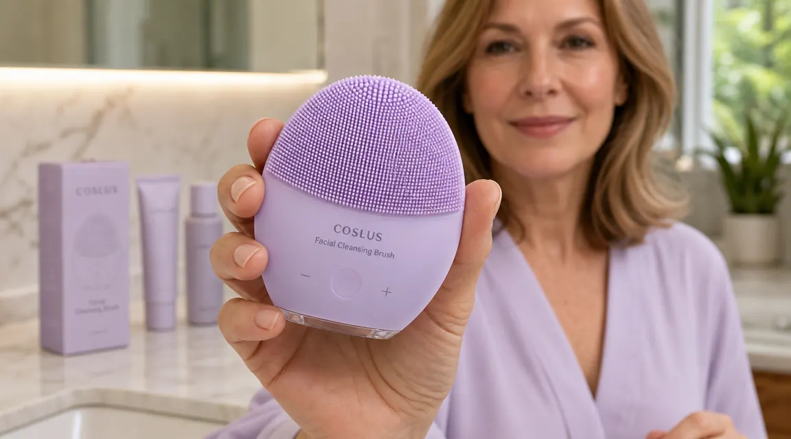 COSLUS 7-in-1 facial cleansing brush held in a woman's hand showing the silicone bristle head