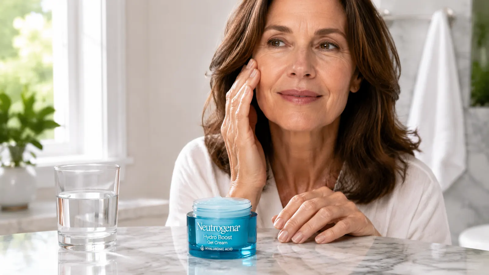 Neutrogena Hydro Boost gel cream jar on a white marble bathroom counter beside a glass of water