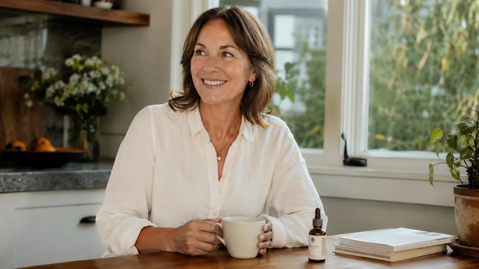Woman sitting at a kitchen table with a cup of coffee and a small skincare bottle, relaxed and smiling