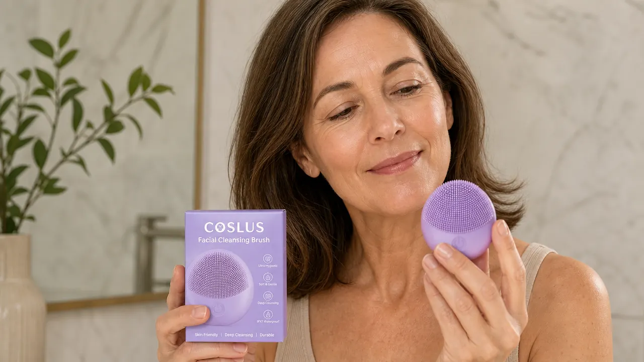 Close-up of a silicone cleansing brush head with soft bristle nubs, held in a woman's palm