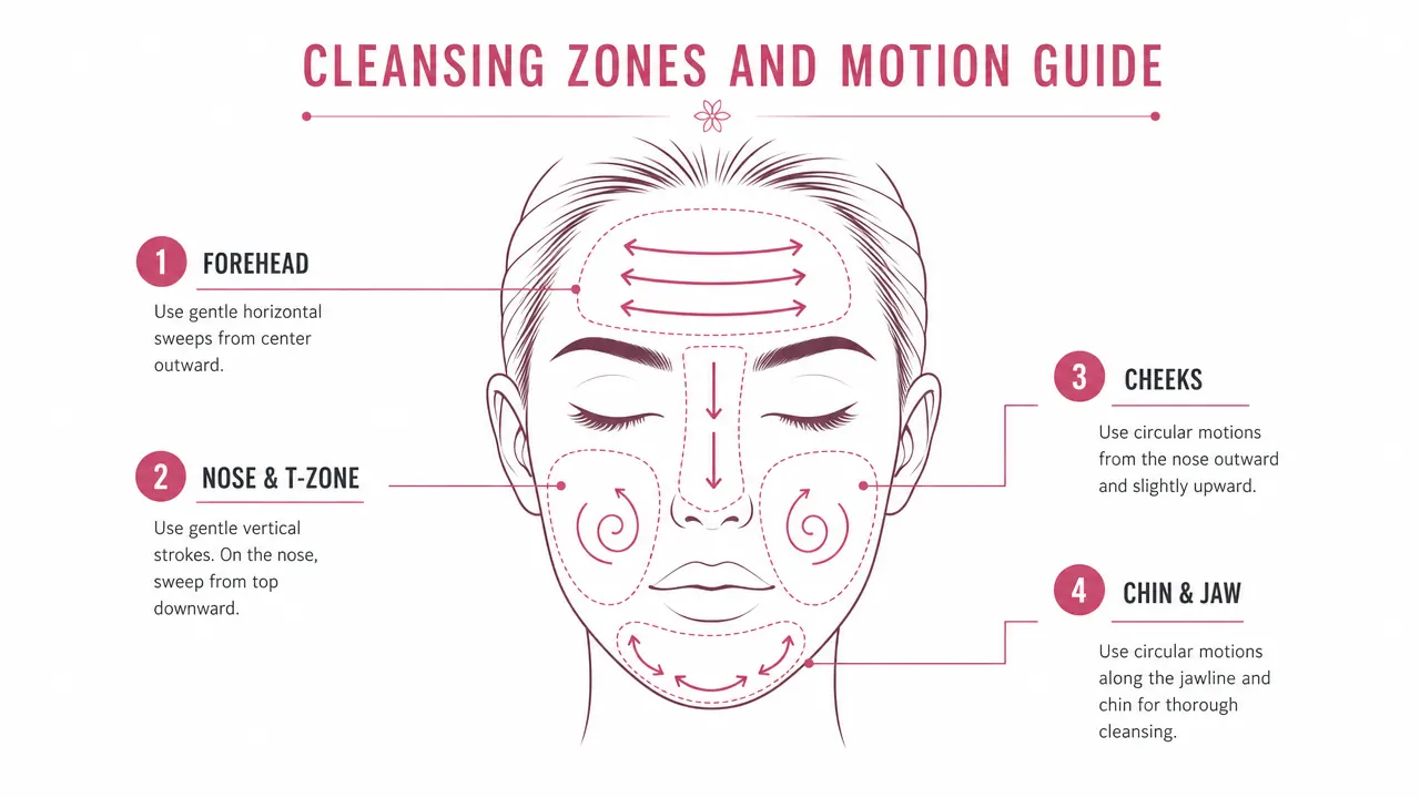 Diagram showing the four facial zones and circular motion pattern for using a cleansing brush