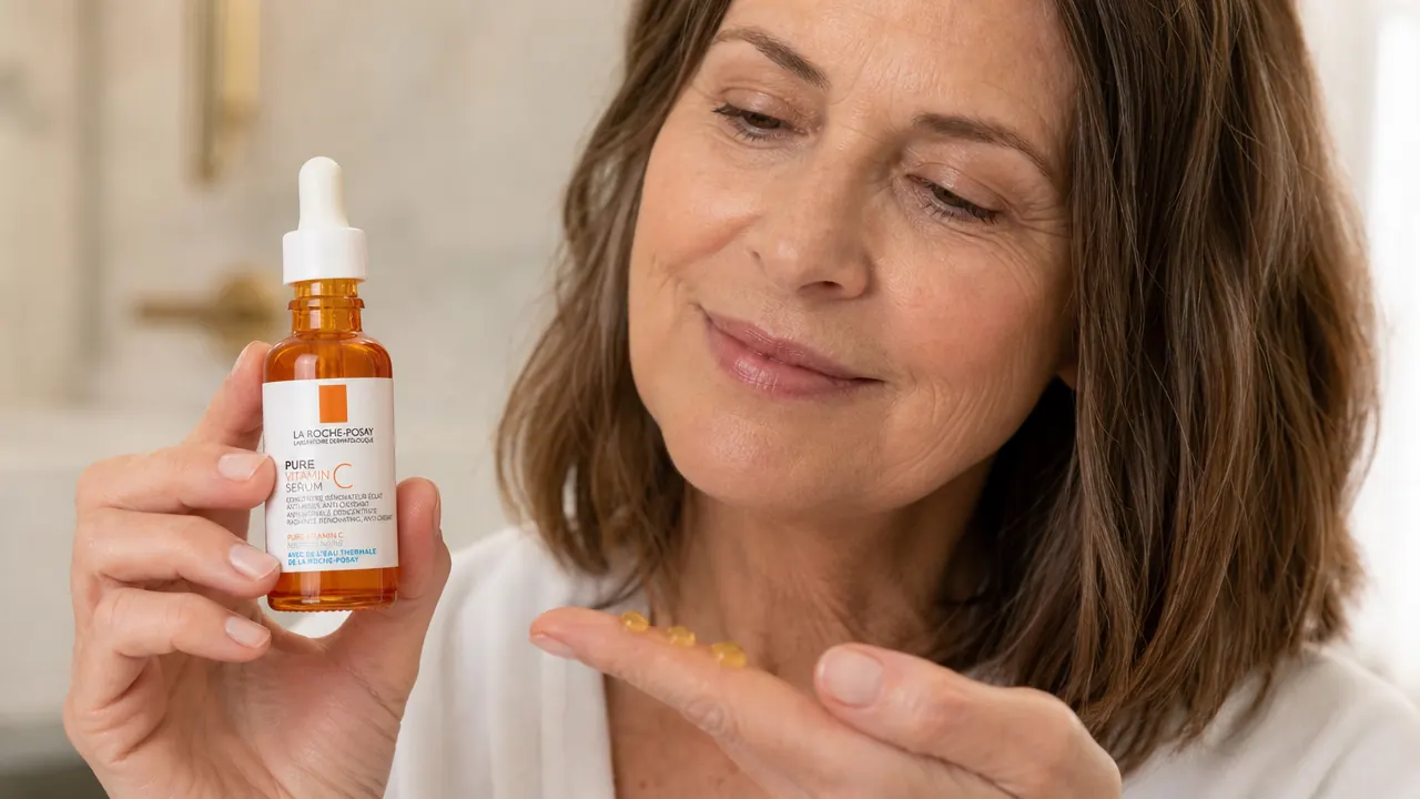 Close-up of vitamin C serum being dispensed from dropper bottle onto fingertip, golden-toned liquid, blurred bathroom background