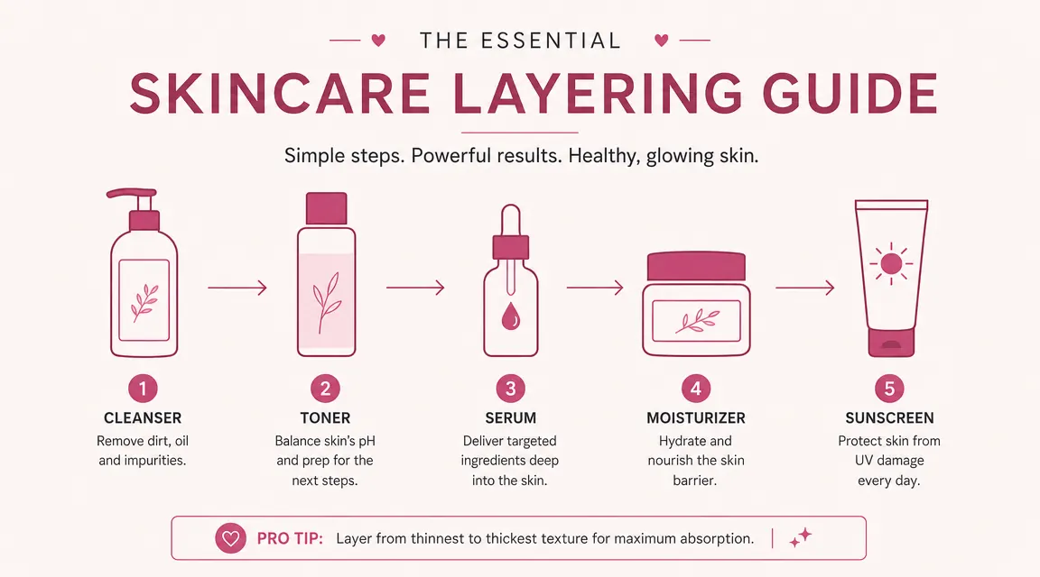 Layering order diagram showing cleanser, toner, vitamin C serum, moisturizer, and SPF in sequence with simple icons
