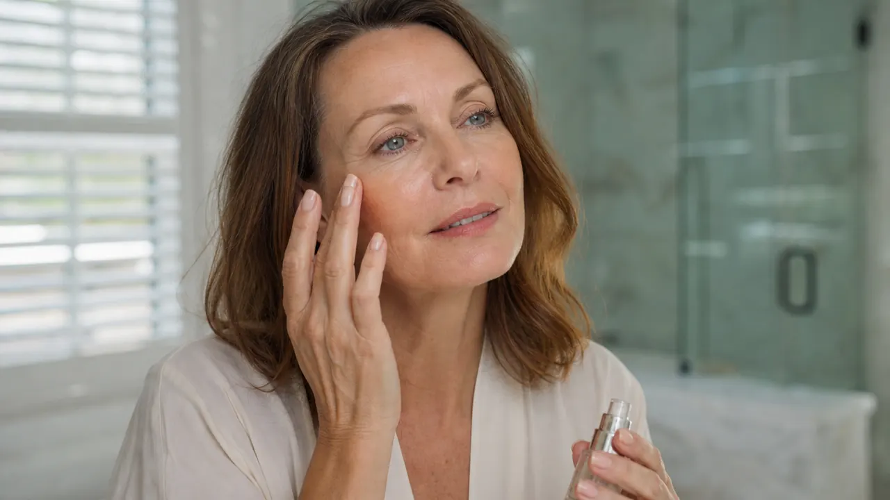 Woman applying serum to cheek with fingertips, gentle upward motion, natural light from window
