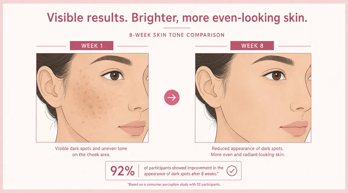 Before and after skin tone illustration showing faded dark spots over eight weeks of consistent vitamin C serum use