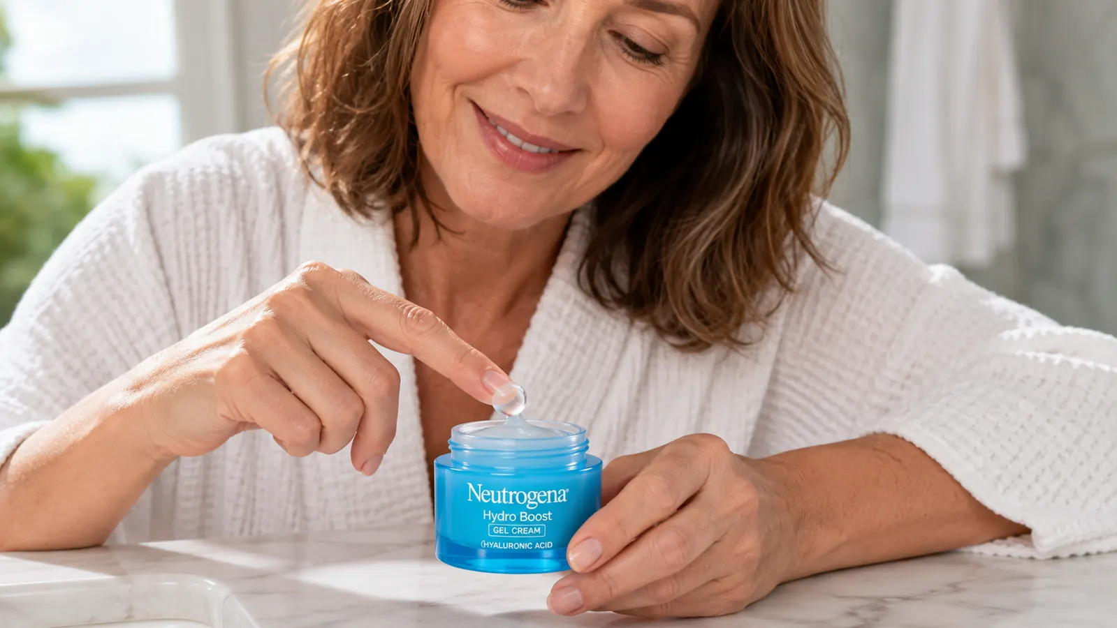 Neutrogena Hydro Boost Gel Cream jar open on a bathroom counter with a small amount scooped out on a fingertip