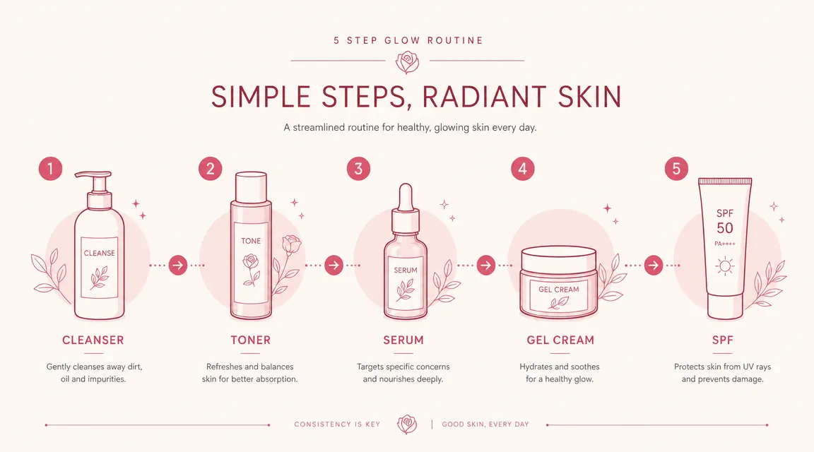 Diagram showing the correct skincare layering order: cleanser, toner, serum, gel cream moisturizer, SPF