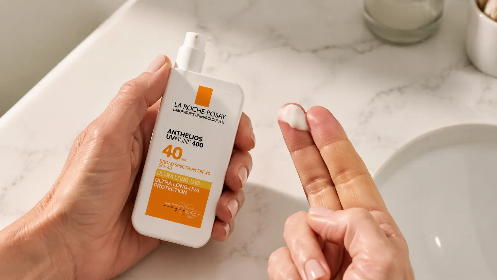 La Roche-Posay Anthelios SPF 40 bottle being dispensed onto fingertips, showing the lightweight fluid texture
