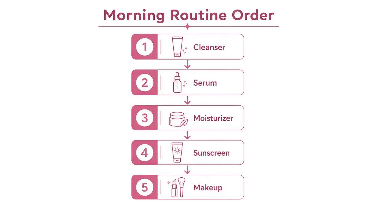 Chart showing the correct order of skincare steps: cleanser, serum, moisturizer, sunscreen, makeup