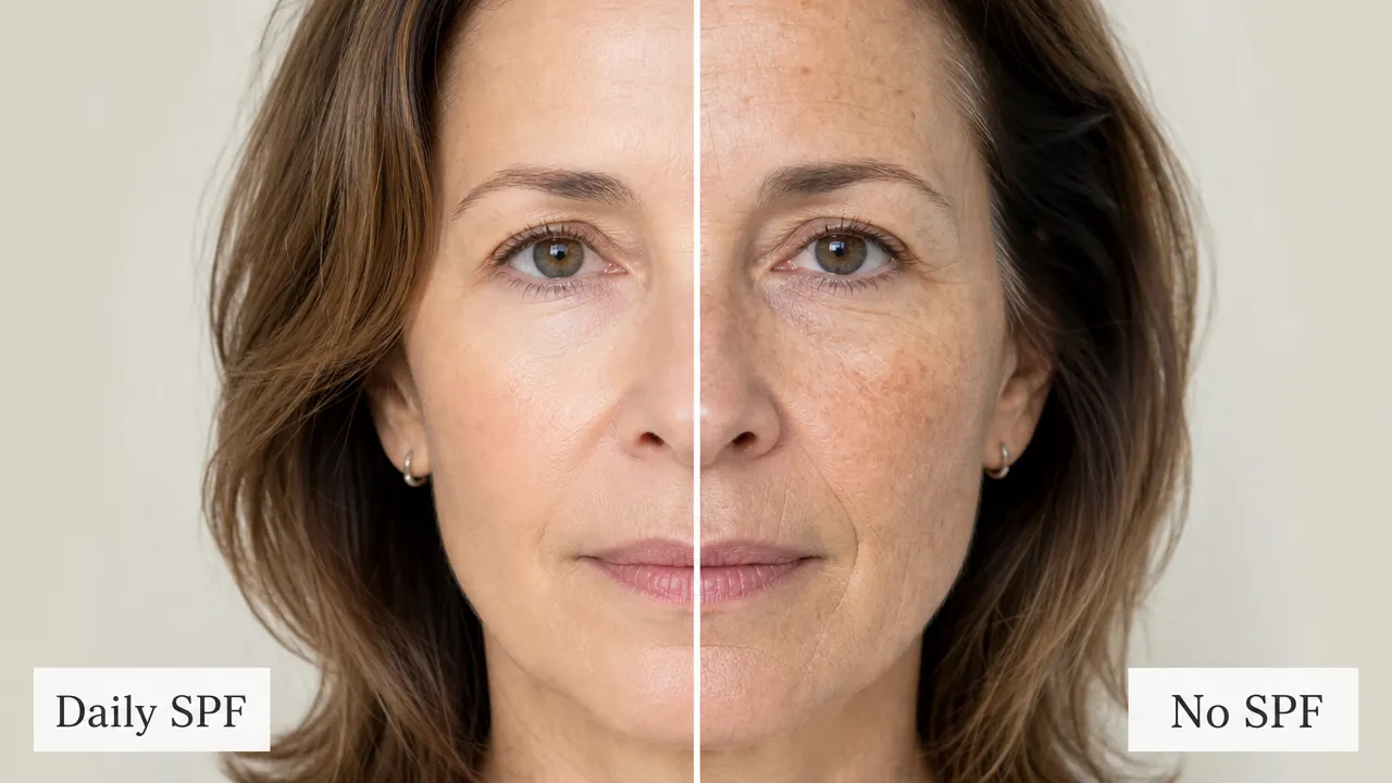Comparison of skin with and without daily sunscreen, showing clearer even tone on protected side