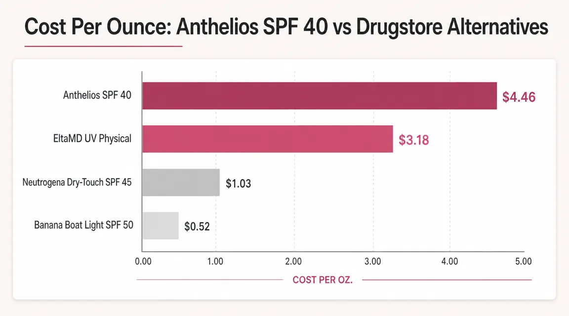 Side-by-side price comparison chart showing cost-per-ounce of La Roche-Posay Anthelios SPF 40 versus three drugstore sunscreens
