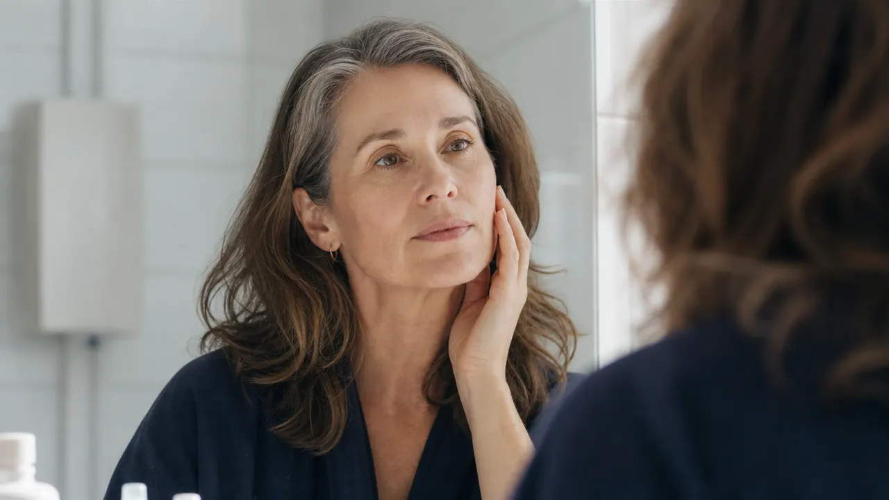 Woman in her late 40s touching her cheek and looking in a bathroom mirror, calm and thoughtful expression, morning light