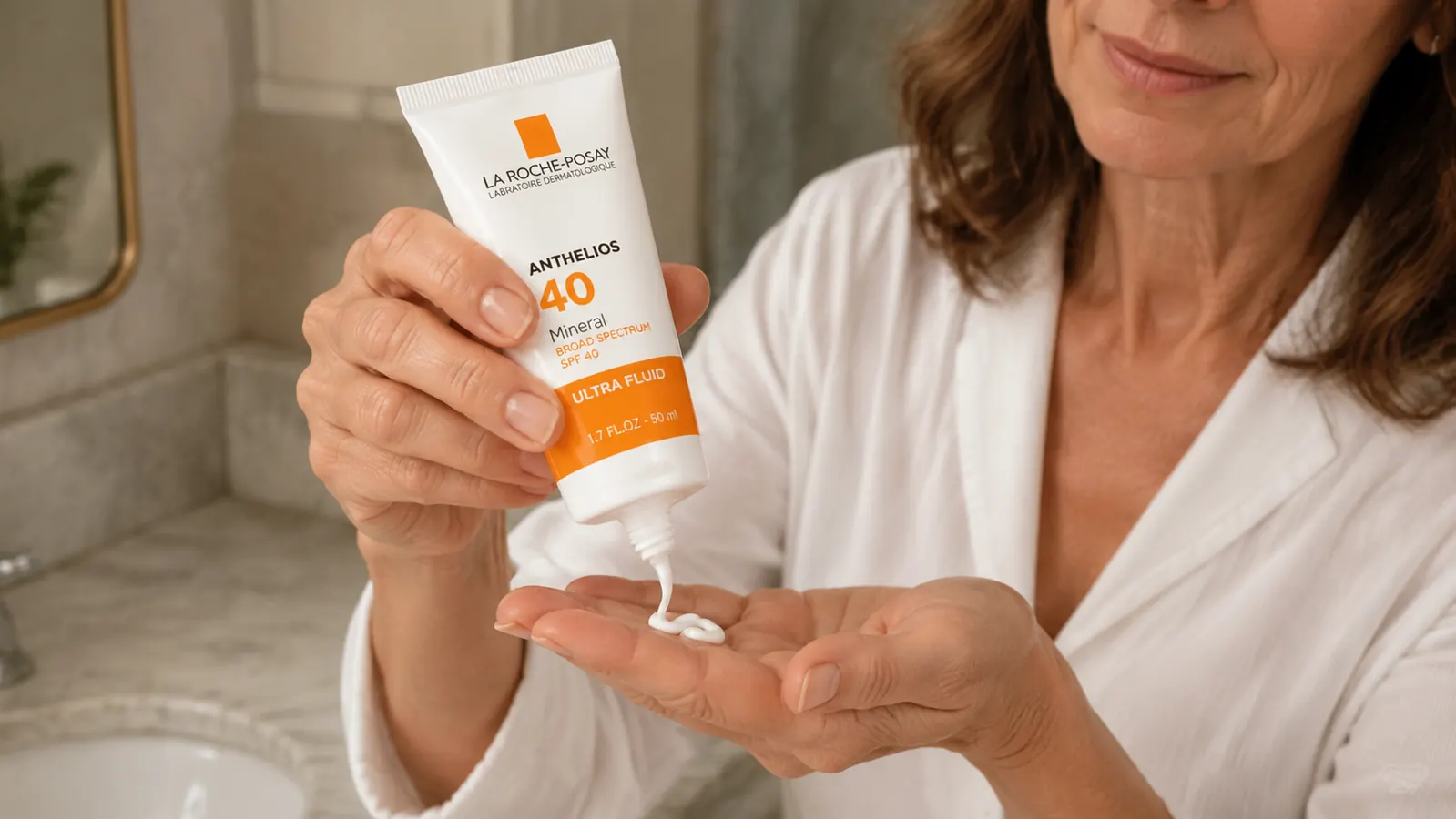 La Roche-Posay Anthelios SPF 40 bottle being held in a woman's hand over a marble bathroom counter