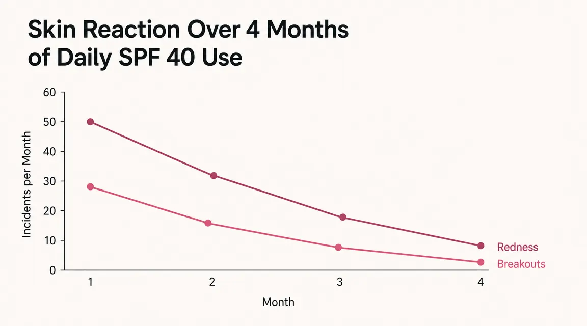 Chart showing skin redness and breakout frequency over 4 months of daily sunscreen use, declining trend lines on both