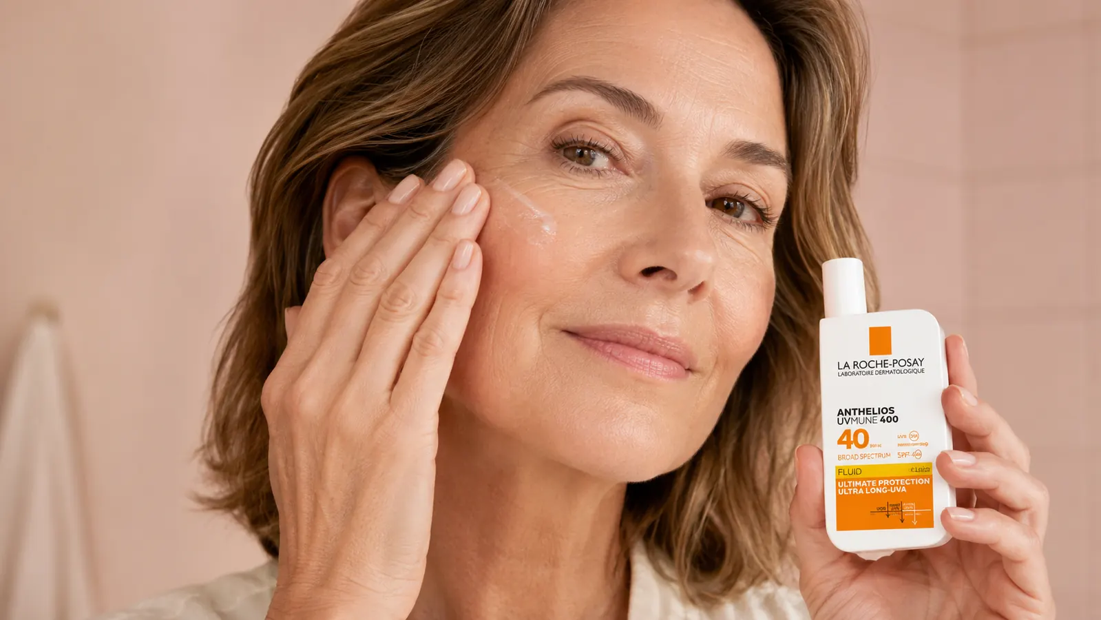 Woman applying lightweight fluid sunscreen to her cheekbone, pale blush background