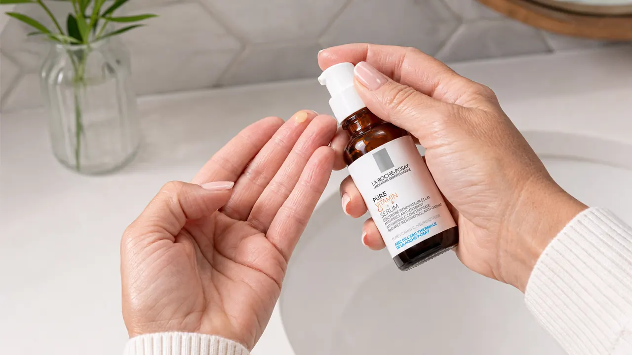 Hand dispensing a drop of pale yellow vitamin C serum from a pump bottle onto fingertips