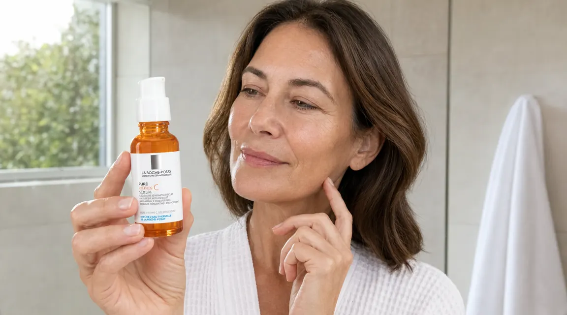 Hand holding the La Roche-Posay vitamin C serum bottle showing the pump dispenser