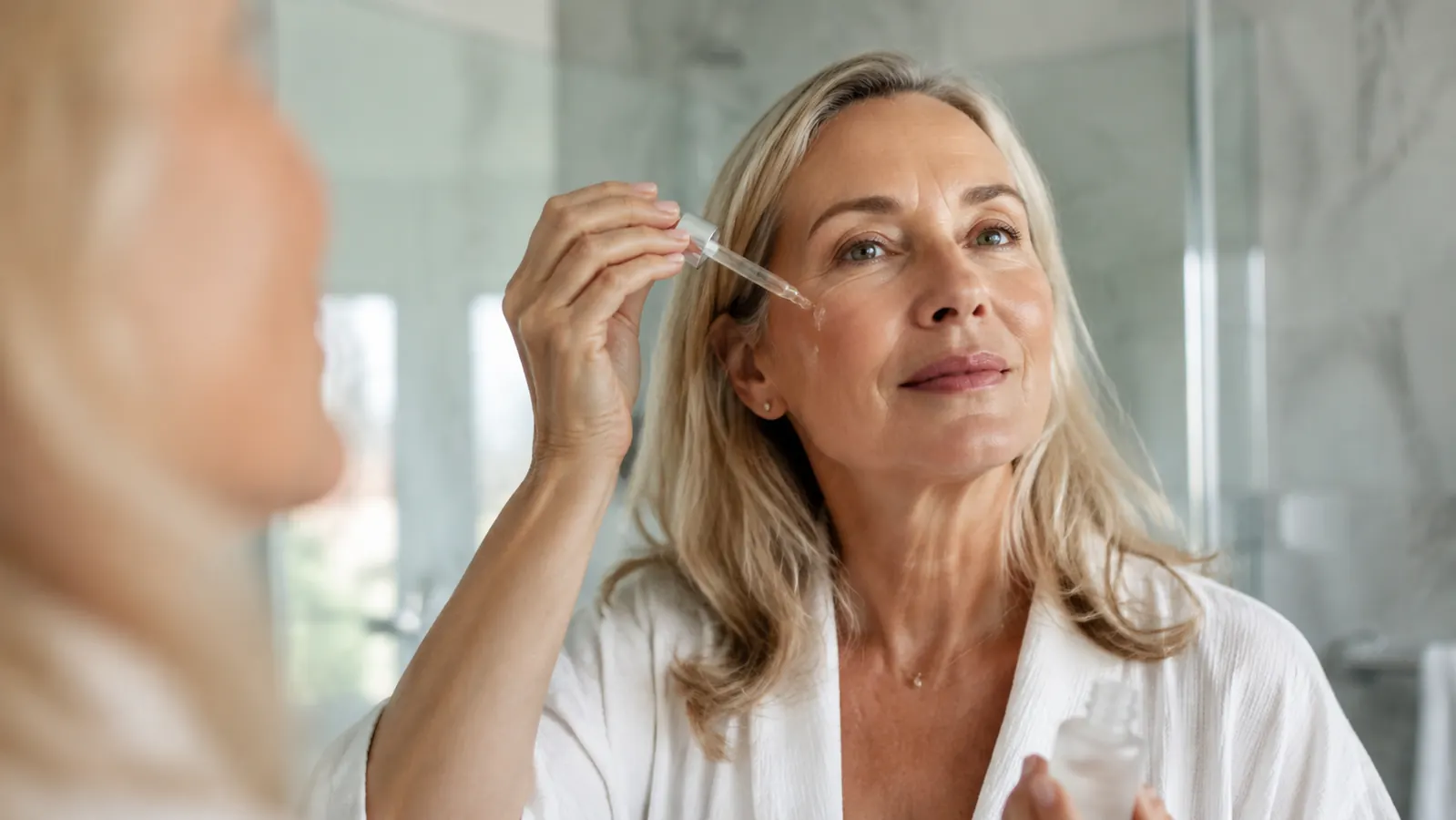 Woman in her 50s applying serum to her cheek in a bathroom mirror, looking pleased