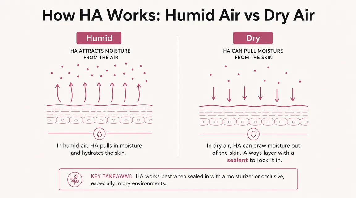 Simple illustrated checklist comparing hyaluronic acid humectant behavior in humid versus dry air climates
