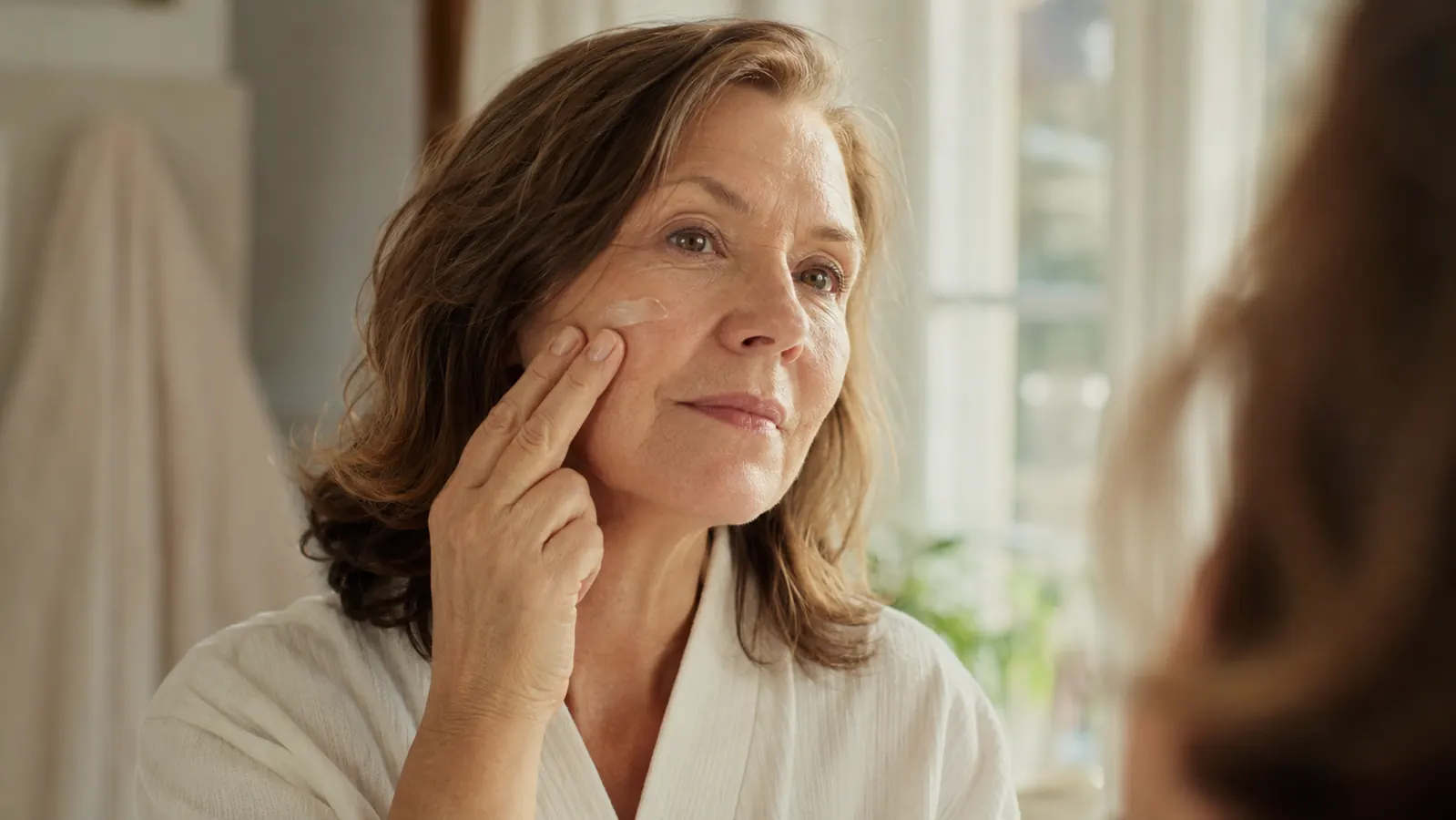 Woman in her fifties patting moisturizer into her cheekbone with gentle fingertip pressure near a window with morning light