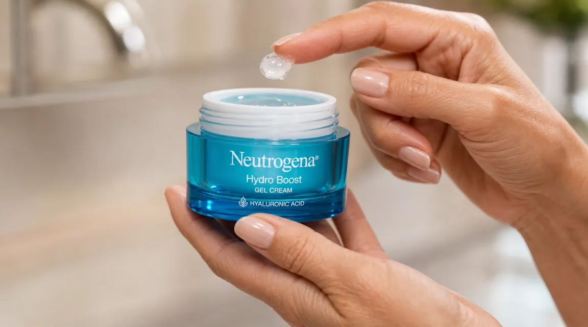Woman scooping a small amount of clear gel cream from the Hydro Boost jar with her fingertip